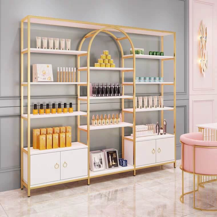 kê trưng bày mỹ phẩm bằng kim loại và gỗ mdf