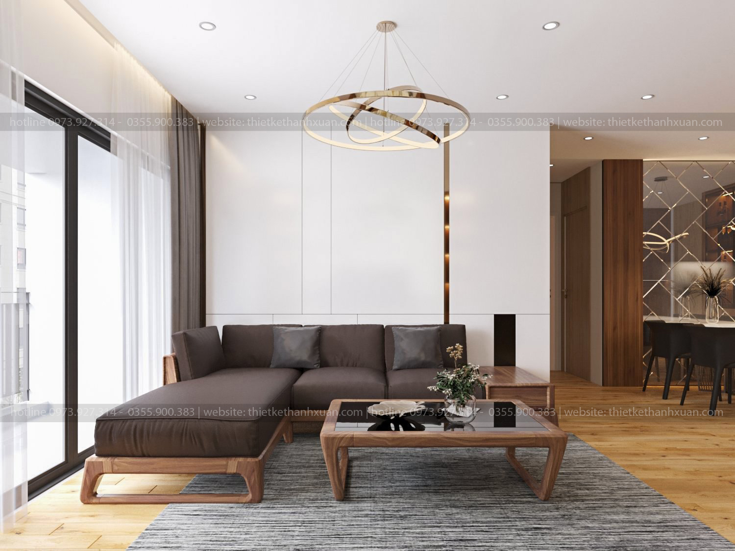 thiết kế phòng khách chung cư hiện đại bằng gỗ An Cường