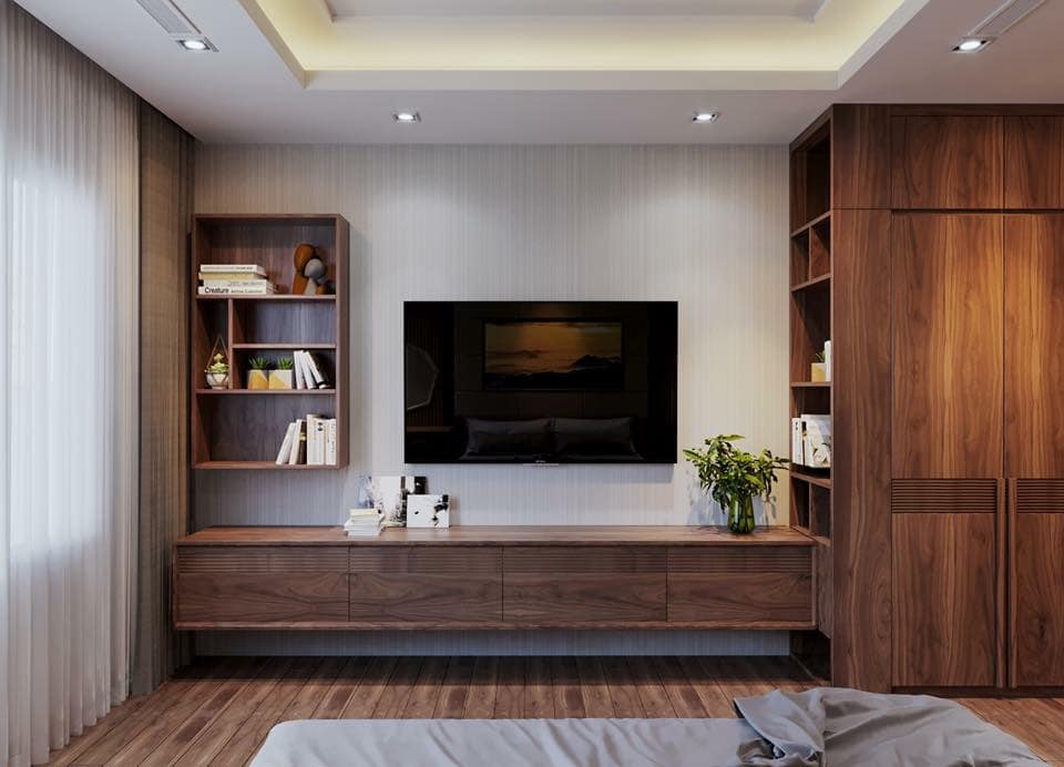 thiết kế nội thất phòng ngủ nhà phố bằng gỗ óc chó 2