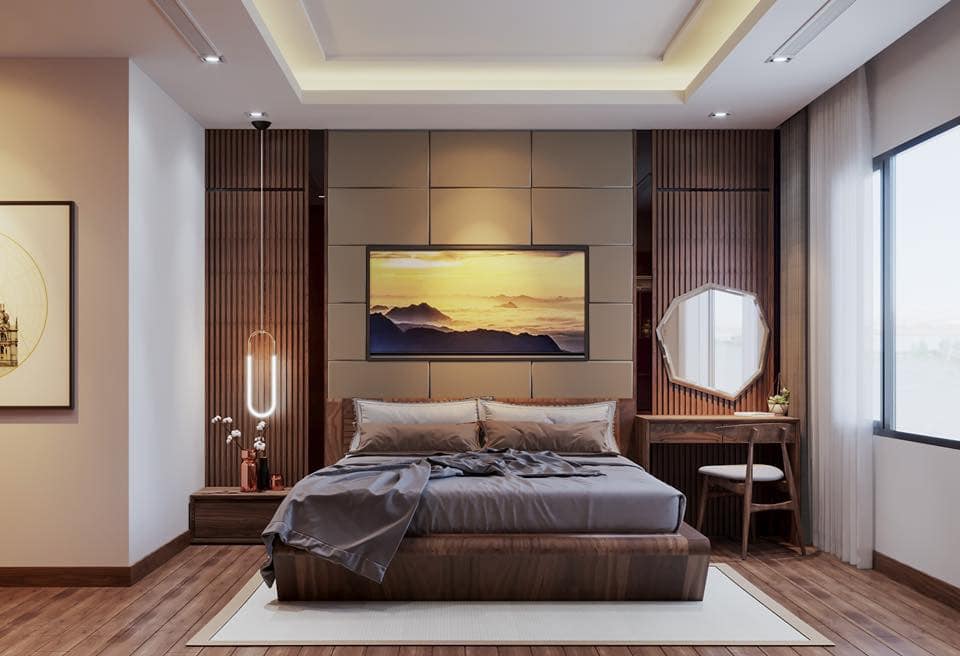 thiết kế nội thất phòng ngủ nhà phố bằng gỗ óc chó 3