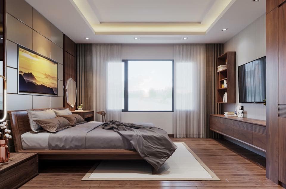 thiết kế nội thất phòng ngủ nhà phố bằng gỗ óc chó 1