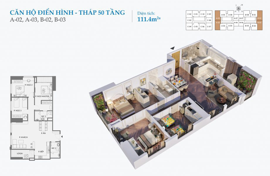căn hộ điển hình 3 phòng ngủ